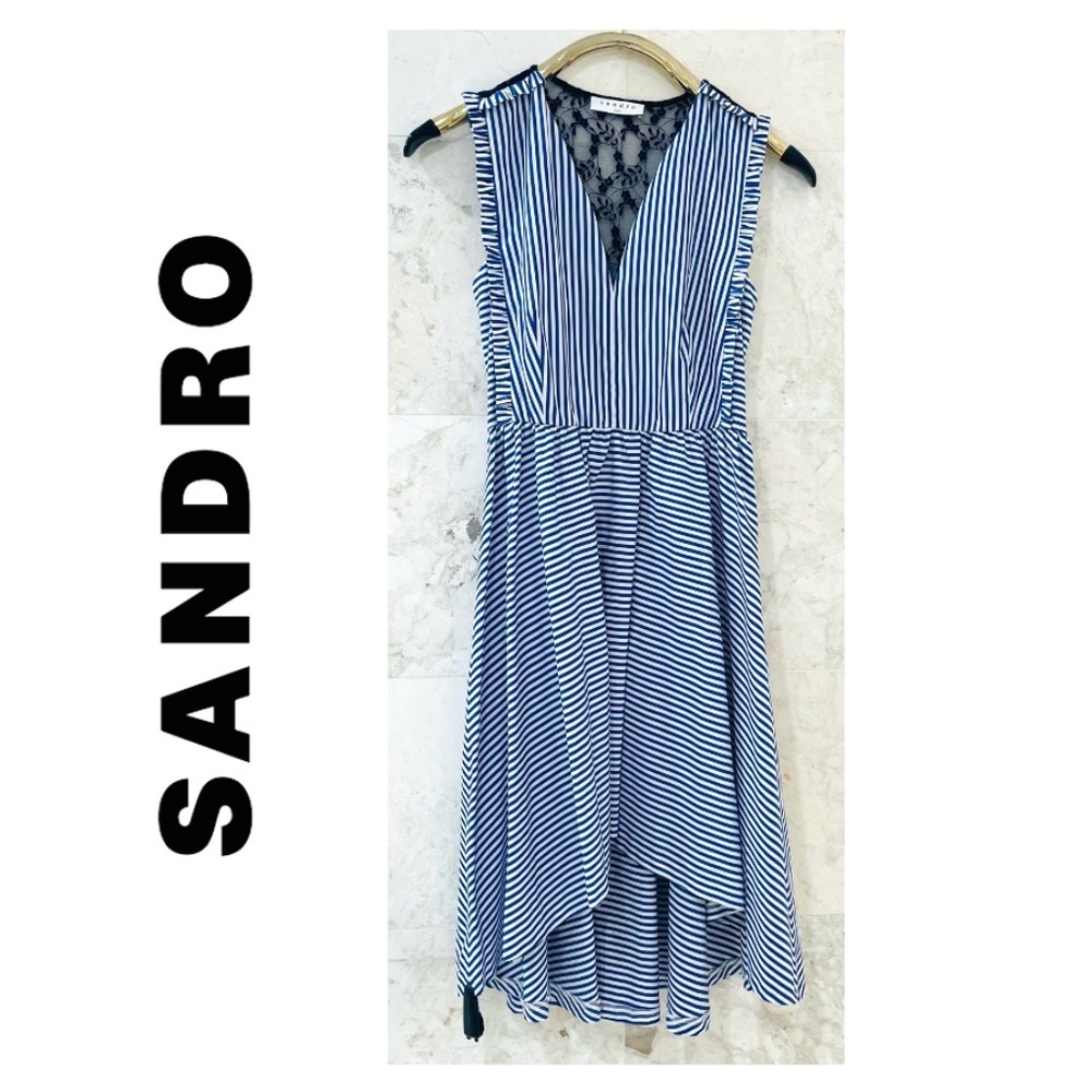 NWT SANDRO Dress Blue White Striped Cotton Lace Back "Gana"
